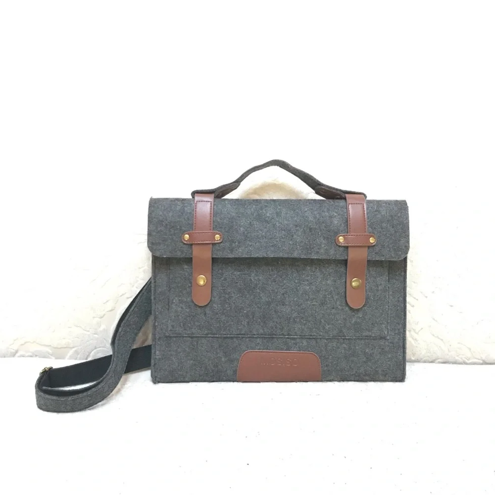 Charcoal Felt Laptop Shoulder Bag with Faux Leather Accents - 13-13.3 inch